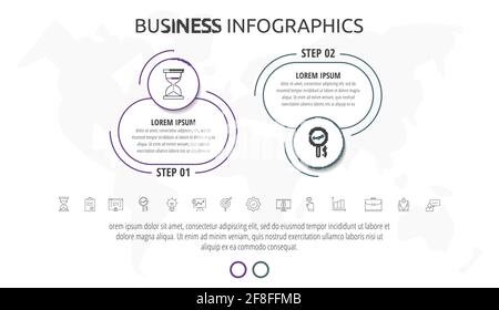 Linien-Infografiken Kreise mit zwei Schritten, Beschriftungen. Vorlage für Zeitleiste-Datenvektoren. Wird für Diagramm, Business, Web, Banner, Workflow-Layout, Präsentation Stock Vektor