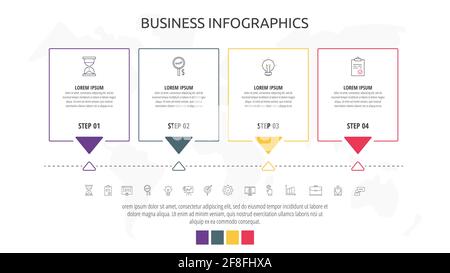 Linienkarten mit vier Schritten, Pfeilen. Rechteckige Infografik. Frames Timeline Datenvektorvorlage. Minimales Design für Diagramm, Geschäft, Web, Banner Stock Vektor