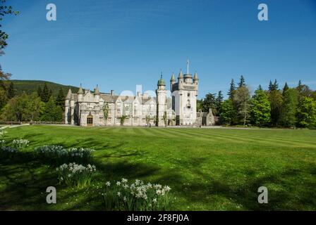 Die königliche Residenz von Balmoral Castle mit Frühlingsblumen im Vordergrund; Royal Deeside, Aberdeenshire, Schottland Stockfoto