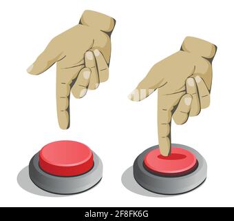 Vektordarstellung einer männlichen Hand, die einen roten Knopf mit einem Zeigefinger auf weißen Hintergrund drückt. Stock Vektor