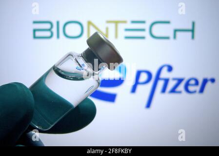 Hair, Deutschland. April 2021. Themenbild BioNTech Pfizer-Impfstoff. Impfstoffbox mit Impfstoff. Credit: dpa/Alamy Live News Stockfoto