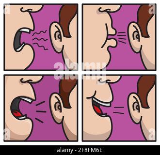 Geheim. Satz von Humor-Cartoons. In der Nähe des Mundes mit verschiedenen Bewegungen auf violettem Hintergrund. Vektorgrafik Stock Vektor
