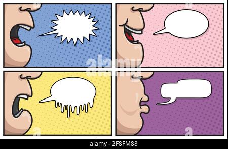 Set von Cartoons mit leeren Sprechblasen in pastellfarbenem Hintergrund. Nahe am Mund mit unterschiedlichen Bewegungen. Vektorgrafik. Stock Vektor