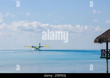 Landung eines Wasserflugzeugs auf der türkisfarbenen maledivischen Lagune. Luxuriöses Reisekonzept Stockfoto