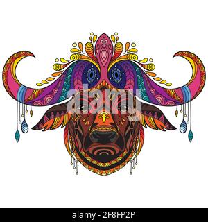 Büffelkopf mit Doodle- und zentangle-Elementen. Abstrakter Vektor farbenfrohe Illustration isoliert auf weißem Hintergrund. Für Design, Druck, Dekor, matt Stock Vektor