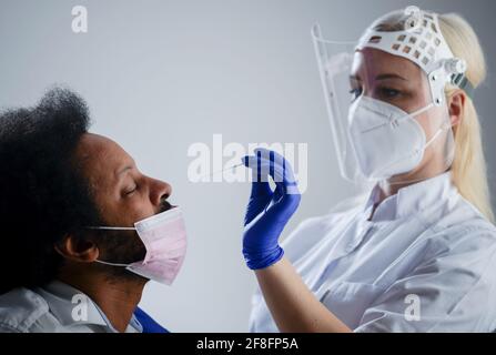 Krankenschwester, die PCR Covid-19-Test auf AFROAMERIKANISCHEN, weißen Hintergrund (CTK Photo/Vojtech Vlk) macht Stockfoto