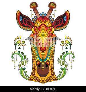 Kopf der Giraffe mit Doodle und zentangle Elementen. Abstrakter Vektor farbenfrohe Illustration isoliert auf weißem Hintergrund. Für Design, Druck, Dekor, matt Stock Vektor