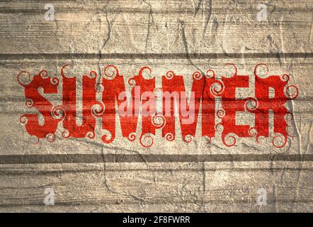 Schriftzug Illustration mit Wort Sommer. Typografie-Poster mit abstraktem Ornament aus Locken. Grunge-Textur-Effekt Stockfoto