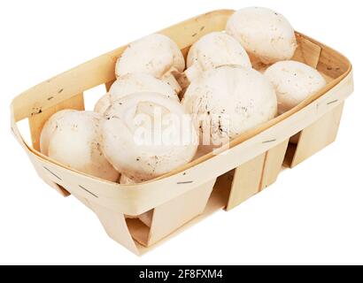 Champignon-Pilze im Korb isoliert auf weißem Hintergrund Stockfoto