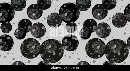 Abstraktes Muster mit schwarzen Kreisen. Schwarze Kappen auf grauem Hintergrund. Modernes modisches Muster für Stoff und Textil. Vektorgrafik. Stock Vektor