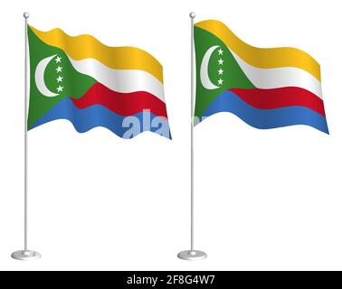 Flagge der Komoren-Inseln auf Fahnenmast winkt im Wind. Design-Element für den Urlaub. Kontrollpunkt für Kartensymbole. Isolierter Vektor auf weißem Hintergrund Stock Vektor