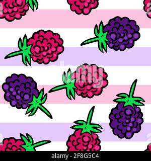 Nahtloses Muster mit Waldbeeren. Himbeeren und Brombeeren, fester Hintergrund. Streifen und Beeren. Hintergrund mit Lebensmitteln. Zartes Muster im Stift Stock Vektor