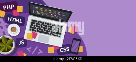Webentwicklung und Codierungskonzept Webbanner mit Platz zum Kopieren auf violettem Hintergrund. Flache Darstellung eines Programmierarbeitsplatzes. Stockfoto