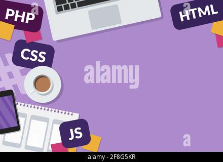 Webentwicklung und Codierungskonzept Webbanner mit Platz zum Kopieren auf violettem Hintergrund. Flache Darstellung eines Programmierarbeitsplatzes mit Laptop, mobil Stockfoto