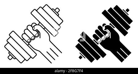 Starke Hand des Athleten hält Hantel. Sport und aktiver Lebensstil. Schwarz-weißer Vektor auf leerem Hintergrund Stock Vektor