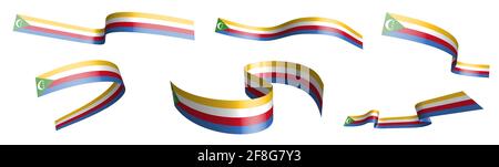 Set von Urlaubsbändern. Flagge der Komoren-Inseln winkt im Wind. Trennung in untere und obere Schichten. Designelement. Vektor auf weißem Hintergrund Stock Vektor