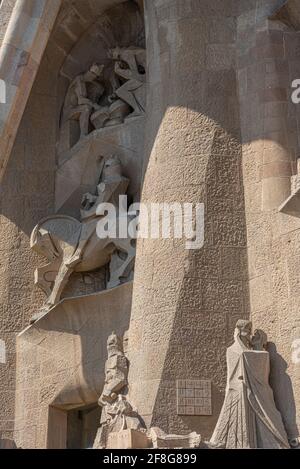 Passionsfassade der Kathedrale Sagrada Familia in Barcelona, Spanien Stockfoto