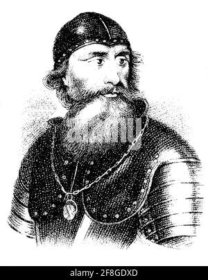 Ein Porträt von Robert I. 1274-1329), im Volksmund bekannt als Robert der Bruce war König der Schotten von 1306 bis zu seinem Tod im Jahr 1329. Robert war einer der berühmtesten Krieger seiner Generation und führte schließlich Schottland während des ersten Krieges der schottischen Unabhängigkeit gegen England. Er kämpfte erfolgreich während seiner Regierungszeit, um Schottlands Platz als unabhängiges Land wiederzuerlangen und wird jetzt in Schottland als Nationalheld verehrt. Stockfoto