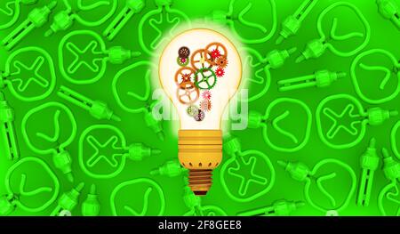 Idee, Lösung, Denken, Innovationskonzept. Grüner Hintergrund mit grünen Energiesparlampen und einer leuchtenden Glühlampe mit Zahnrädern im Inneren Stockfoto