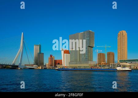 Die Skyline von Rotterdam Wolkenkratzern und die Erasmusbrug-Brücke über den Fluss Nieuwe Maas. Rotterdam Stockfoto