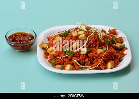 Schezwan paneer gebratener Reis mit schezwan-Sauce, chinesischer gebratener Reis mit paneer, garniert mit Frühlingszwiebel und Kohl Stockfoto