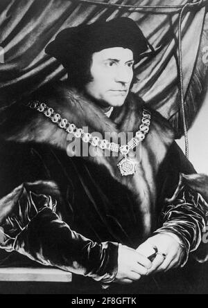 Sir Thomas More (1478-1535) war ein englischer Anwalt, Richter, Sozialphilosoph, Autor, Staatsmann und bekannter Renaissance-Humanist. Von Oktober 1529 bis Mai 1532 diente er Heinrich VIII. Als Lord High Chancellor von England. Er wandte sich gegen die protestierende Reformation und auch gegen die Trennung von Heinrich VIII. Von der katholischen Kirche, weigerte sich, Henry als Oberhaupt der Kirche von England und die Aufhebung seiner Ehe mit Katharina von Aragon anzuerkennen. Nachdem er sich geweigert hatte, den Eid der Suprematie abzulegen, wurde er wegen Verrats verurteilt und hingerichtet. Stockfoto