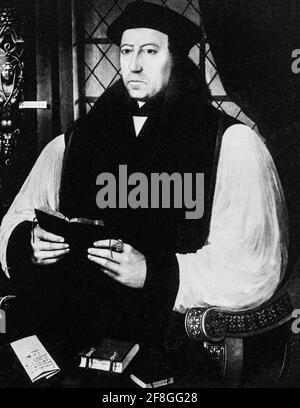 Thomas Cranmer (1489-1556) war ein Führer der englischen Reformation und Erzbischof von Canterbury während der Regierungszeit von Heinrich VIII. Und Edward VI. Er half beim Aufbau des Falls für die Aufhebung der Ehe Heinrichs mit Katharina von Aragon, die eine der Ursachen für die Trennung der englischen Kirche von der Vereinigung mit dem Heiligen Stuhl war. Nach dem Beitritt der katholischen Maria I. wurde Cranmer wegen Verrats und Ketzerei vor Gericht gestellt. Er war über zwei Jahre lang inhaftiert und unter dem Druck der kirchlichen Autoritäten, und er machte mehrere Revantationen, aber Maria wollte, dass er hingerichtet wurde, und am Tag seiner Hinrichtung zog er sich zurück Stockfoto