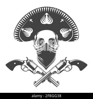 Mexikanischer Bandit Schädel in Sombrero Hut mit zwei Pistolen.Tattoo isoliert auf dunklem Hintergrund. Vektorgrafik. Stock Vektor