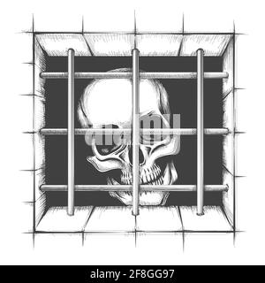 Jail Skull Tattoo in Gravur-Stil auf weiß isoliert. Vektorgrafik. Stock Vektor