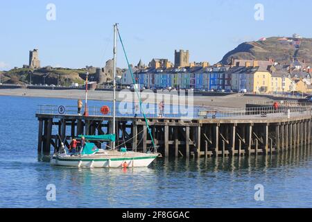 Aberystwyth Wales Vereinigtes Königreich Wetter 14. April 2021 . Ein sonniger Tag an der Westküste von Wales, an dem sich die Menschen versammelten, um das glitzernde blaue Meer und einen farbenfrohen Yachthafen zu sehen, während viele Boote bei Flut aus dem Hafen segeln, Quelle: mike davies/Alamy Live News Stockfoto