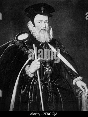 William Cecil, 1. Baron Burghley (1520-1598) war ein englischer Staatsmann und der Chefberater von Königin Elizabeth I. für den größten Teil ihrer Regierungszeit, zweimal Staatssekretär (1550–1553 und 1558–1572) und Lord High Treasurer von 1572. Für Cecil war das Hauptziel der englischen Politik die Schaffung einer vereinigten und protestierenden britischen Inseln. Seine Methoden waren es, die Kontrolle über Irland zu vollenden und ein Bündnis mit Schottland zu schließen. Stockfoto