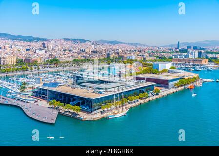 Luftaufnahme des Maremagnum Einkaufszentrums in Barcelona, Spanien Stockfoto
