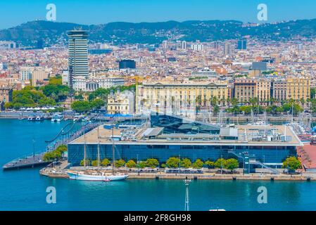 Luftaufnahme des Maremagnum Einkaufszentrums in Barcelona, Spanien Stockfoto