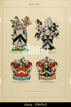 Die Kunst der Heraldik : eine Enzyklopädie der Waffenkammer von Fox-Davies, Arthur Charles, 1871-1928 Veröffentlicht in London von T.C. UND E.C. Jack im Jahr 1904. Heraldik ist ein weit gefasster Begriff, der das Design, die Darstellung und das Studium der Wappenlager (auch als Rüstungslager bezeichnet) sowie verwandter Disziplinen wie der Vexillologie umfasst, zusammen mit dem Studium der Zeremonie, des Ranges und der Abstammung. Armory, der bekannteste Zweig der Heraldik, befasst sich mit der Gestaltung und Übertragung der heraldischen Leistung. Die Errungenschaft oder die Wappenlager beinhalten in der Regel ein Wappen auf einem Schild, Helm und Wappen, zusammen mit allen begleitenden Entw Stockfoto