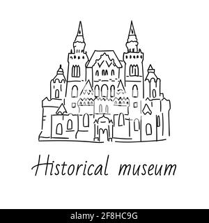 Handgezeichnete Doodel-Skizze von Moskauer Wahrzeichen. Historisches Museum auf dem Roten Platz. Schwarze Linie auf weißem Hintergrund Stock Vektor