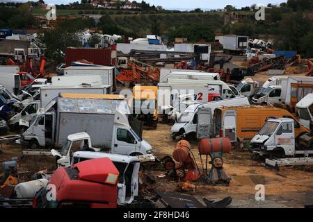 Schrottplatz mit Lastwagen, Spanien, Andalusien Stockfoto