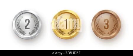 Gold-, Silber-, Bronze-Medaillensatz. Siegertrophäen mit Zahlen und Lorbeer-Vektor-Illustration. Preis im Sport für den ersten, zweiten, dritten pl Stock Vektor