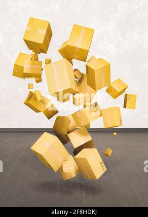 Versand von Paketen, die in einem leeren Raum schweben Stockfoto