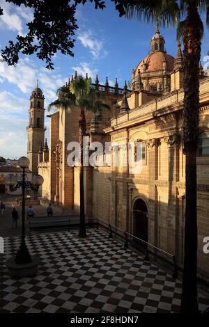 Spanien, Andalusien, Jerez de la frontera in der Provinz Caáiz, die Kathedrale Antigua Colegiata de San Savator, Seitenportal und Glockenturm Stockfoto