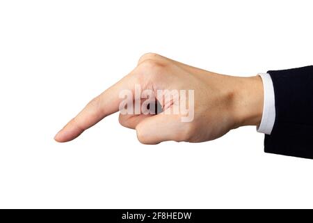 Die Hand eines Geschäftsreisenden, der mit dem Zeigefinger einen Schalter usw. drückt Stockfoto