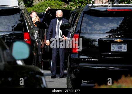 US-Präsident Joe Biden und First Lady Jill Biden kehren nach einem medizinischen Eingriff am 14. April 2021 in Washington ins Weiße Haus zurück. Foto von Yuri Gripas/Pool/Sipa USA Stockfoto