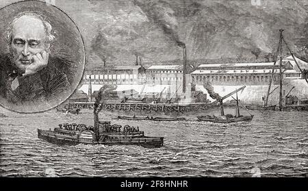 Lord Armstrong (Inset) und die Elswick-Werke, hier vom Fluss Tyne aus gesehen, Newcastle upon Tyne, England. William George Armstrong, 1. Baron Armstrong, 1810 – 1900. Englischer Ingenieur und industrieller, der das Armstrong Whitworth Manufacturing Concern auf Tyneside gründete. Von Great Engineers, veröffentlicht um 1890 Stockfoto