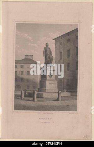 Denkmal Wolfgang Amadeus Mozart (1756-1791) Denkmal auf dem Mozartplatz. 1842, von Ludwig von Schwanthaler; Abguss von Stieglmayr. Druck von Eduard Wagner zu Photo Segl. Stockfoto