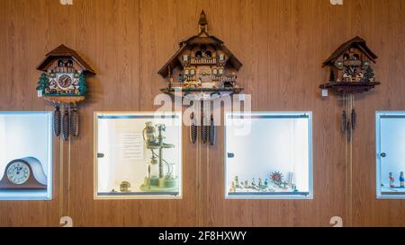 Gernrode, Deutschland. April 2021. Kuckucksuhren hängen an einer getäfelten Holzwand im Harzer Uhrenmuseum. Quelle: Stephan Schulz/dpa-Zentralbild/ZB/dpa/Alamy Live News Stockfoto