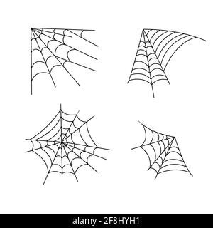 Spider Web Set einfache Vektor-Umriss Illustration von Doodle Phantasie isoliert Halloween-Objekte auf weißem Hintergrund, Clipart perfekt für Halloween-Party-Dekor, handgezeichnete Bild, Cartoon gruseligen Charakter Stock Vektor
