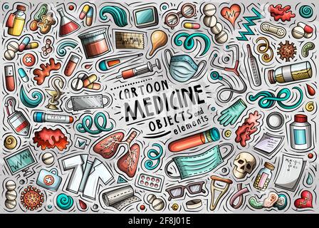 Bunte Vektor handgezeichnete Doodle Cartoon Satz von Medizin Themen Artikel, Objekte und Symbole Stock Vektor