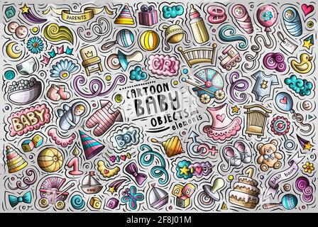 Bunte Vektor handgezeichnete Doodle Cartoon Set von Baby-Themen, Objekte und Symbole Stock Vektor