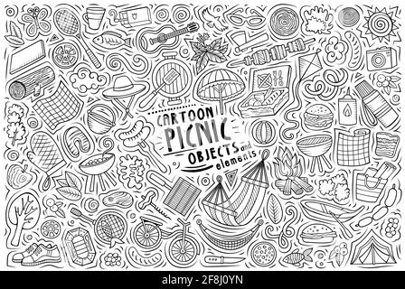 Linie Kunst Vektor handgezeichnete Doodle Cartoon Satz von Picknick-Themen, Objekte und Symbole Stock Vektor