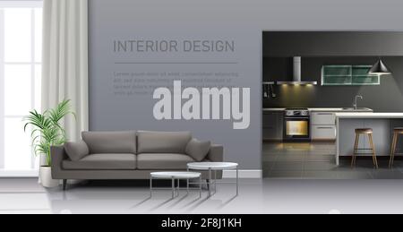 Vector realistische Wohnzimmer mit großem Fenster und Sofa, Küche mit Küchengeräten. Stock Vektor