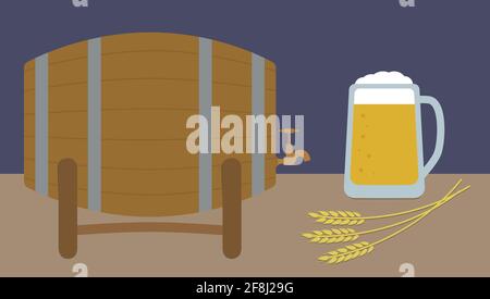 Bierhintergrund. Bierkrug, Weizenohren und Holzfass. Vektorgrafik. Stock Vektor